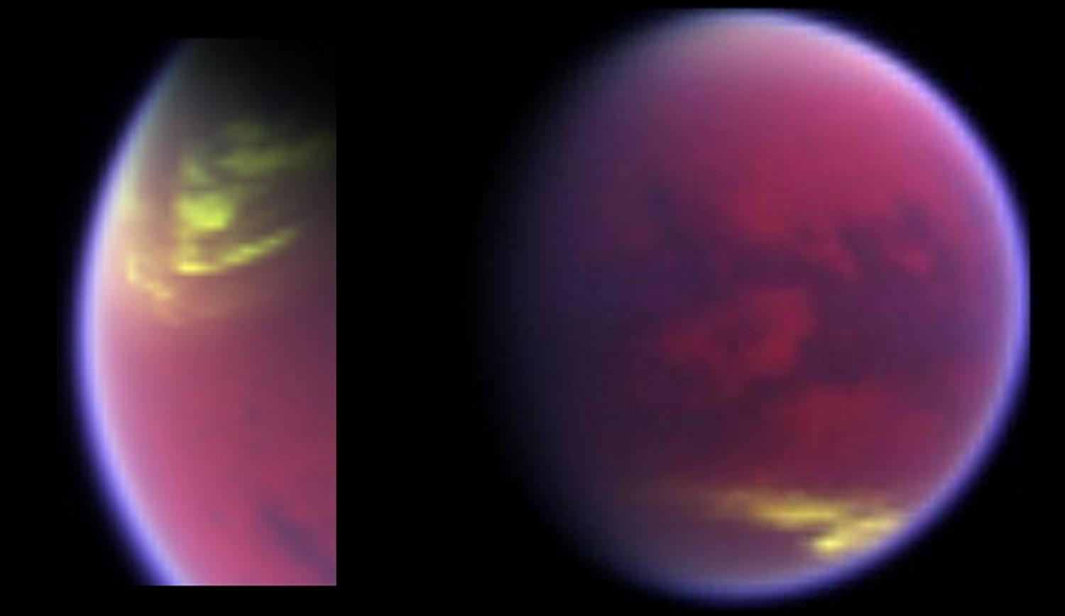 These two false-color images show clouds covering parts of Titan in yellow