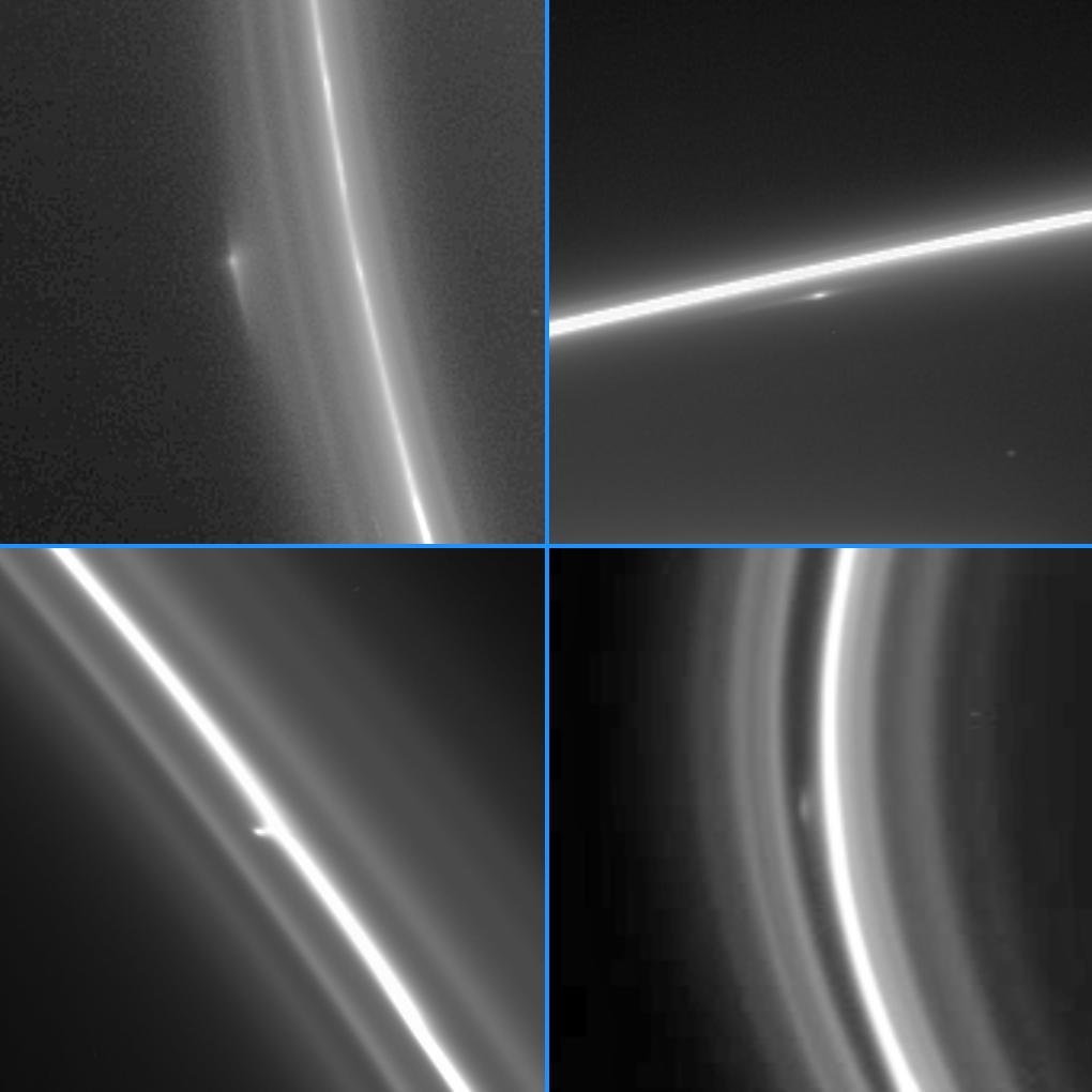 This montage of four enhanced Cassini narrow-angle camera images shows bright clump-like features at different locations within the F ring.