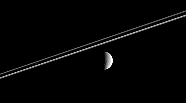 Rhea, Saturn's rings, and Pandora