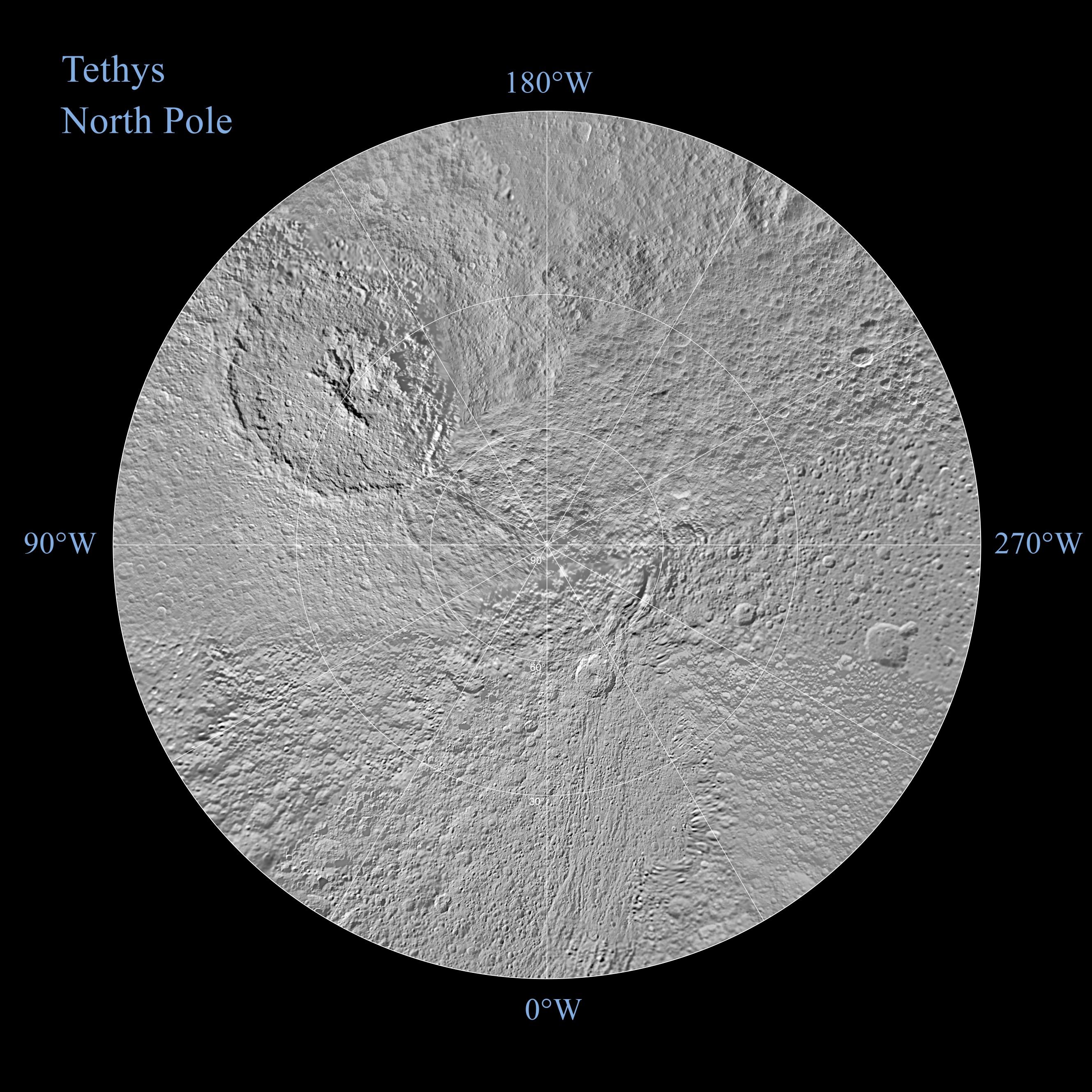 The northern and southern hemispheres of Tethys are seen in these polar stereographic maps, mosaicked from the best-available Cassini images.