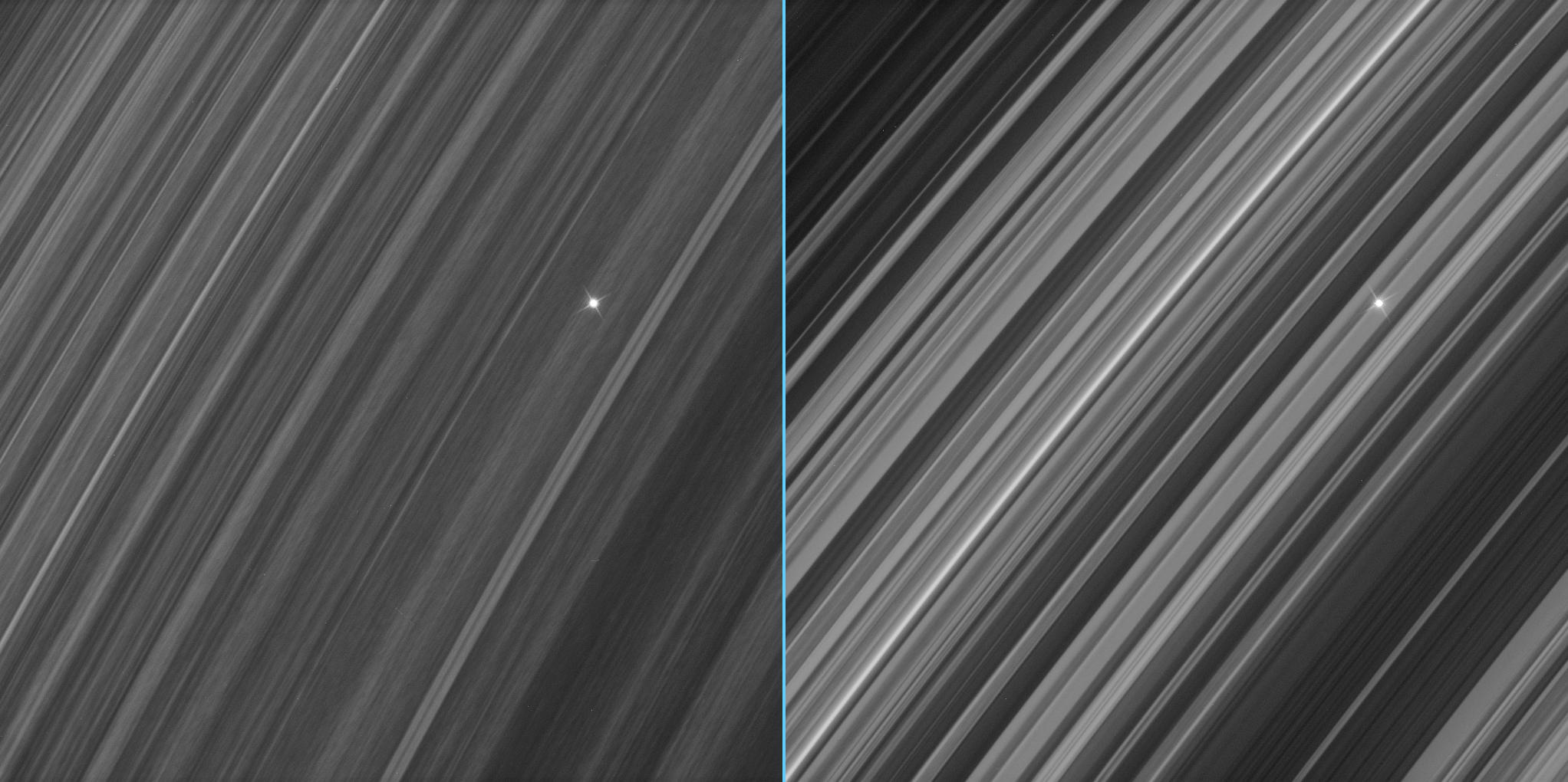 Side-by-side views of a star seen through Saturn's B ring