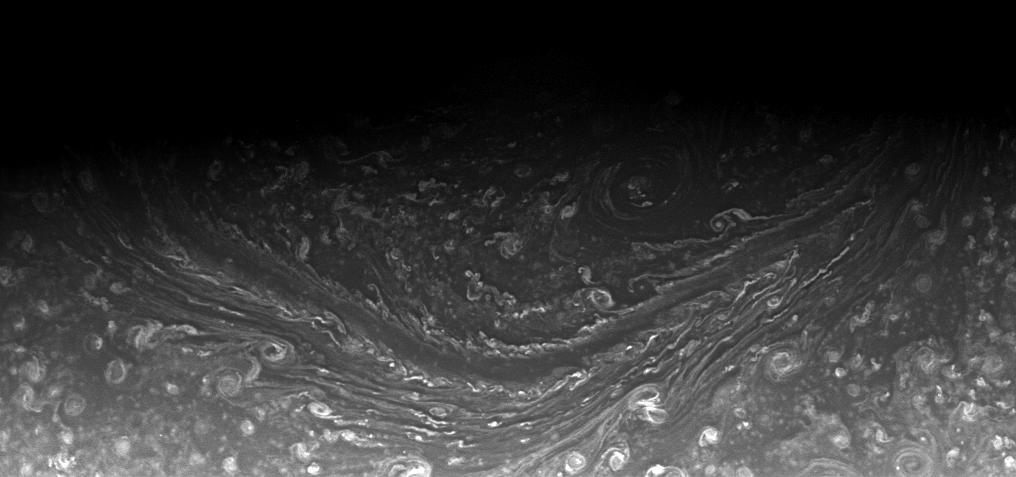 Close-up view of Saturn's north. A stretch of the north poloar hexigon is visible.