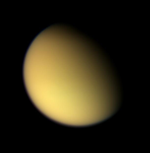 A natural color view of the Titan's orange, global smog