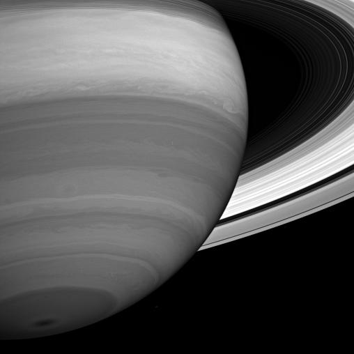 Storms and cloud bands emerge from beneath Saturn's obscuring hazes in this infrared view