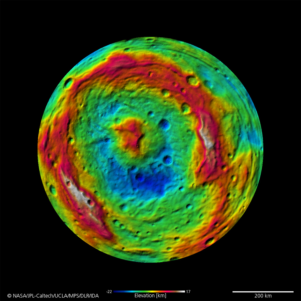 A False-Color Topography of Vesta's South Pole