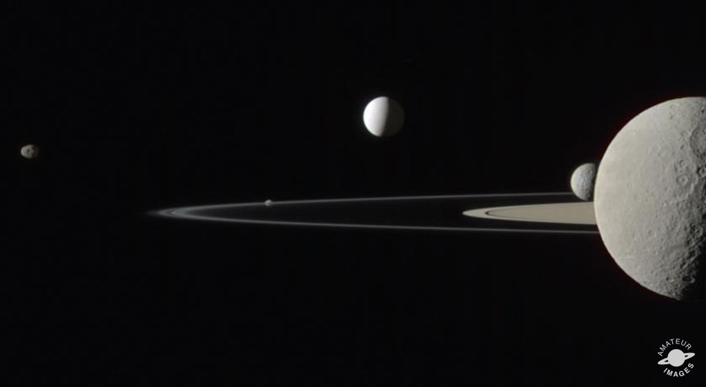 Cassini caught five moons at the edge of Saturn’s ring system in this natural color photo from July 29, 2011.