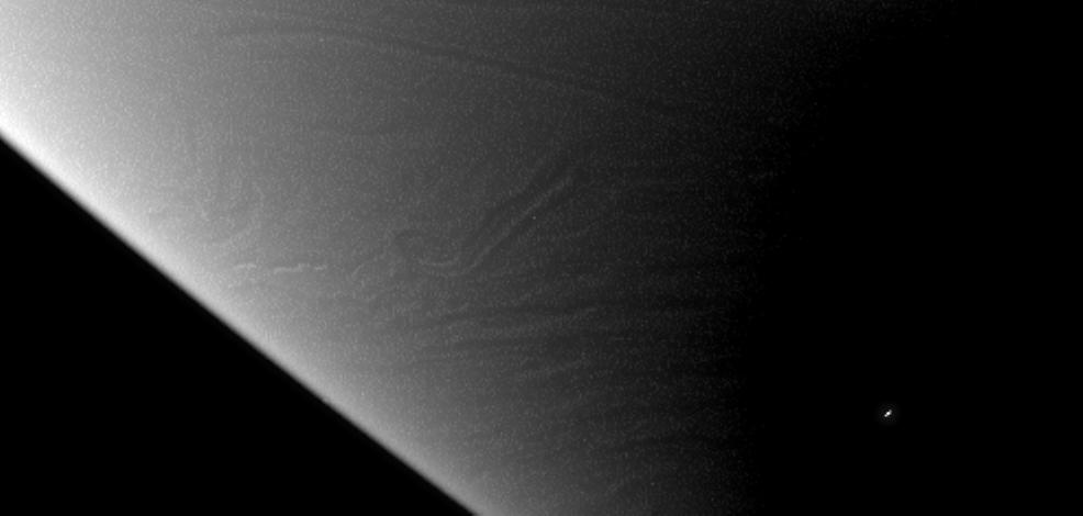 Close-up of Saturn showing turbulent interactions