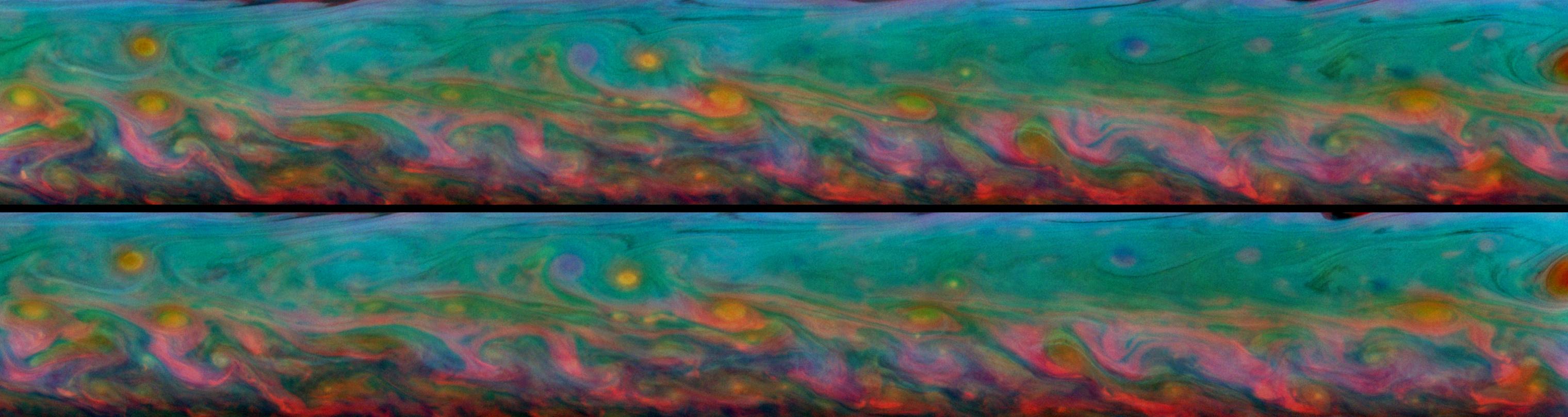 Patterns that come and go in the course of one Saturn day within the huge storm in the planet's northern hemisphere.