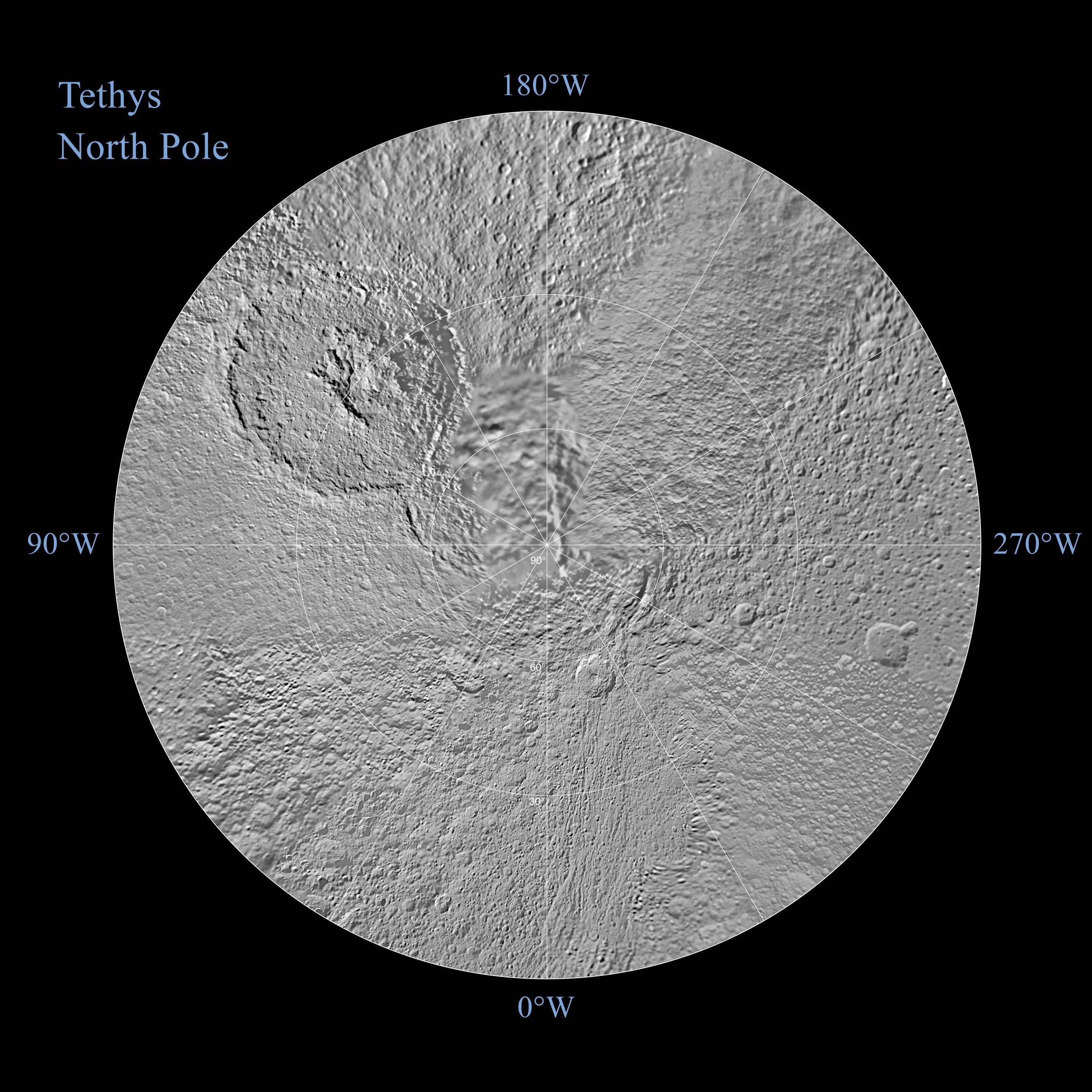 The northern and southern hemispheres of Tethys are seen in these polar stereographic maps, mosaicked from the best-available Cassini images.