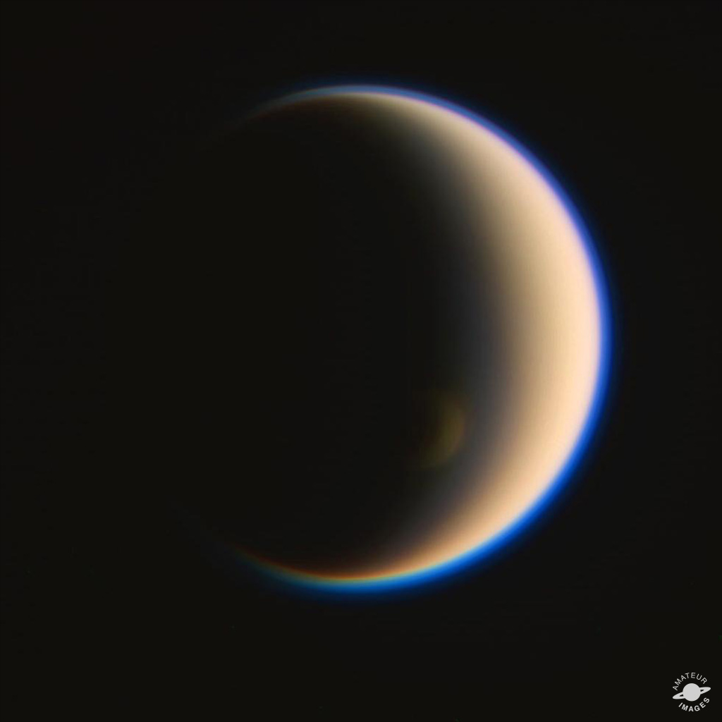 This is an RGB-composite of Saturn's moon Titan made from raw Cassini images acquired on Jan. 2, 2014.
