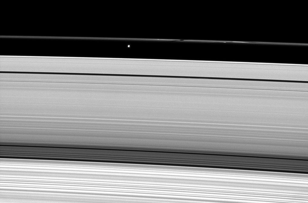 Prometheus casts a shadow on Saturn's narrow F ring
