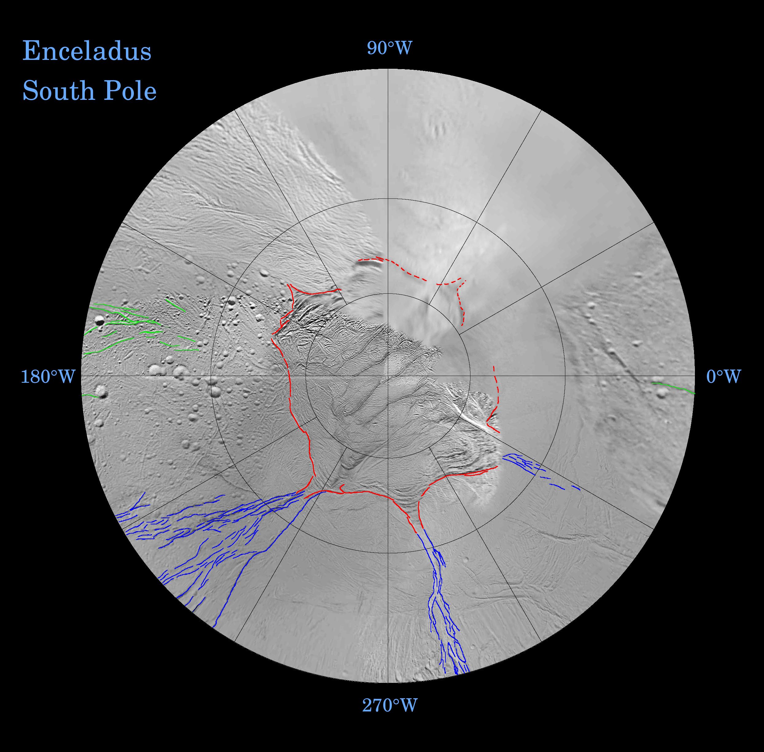 This map is a polar stereographic projection that was mosaicked from the best-available Cassini and Voyager clear-filter images.