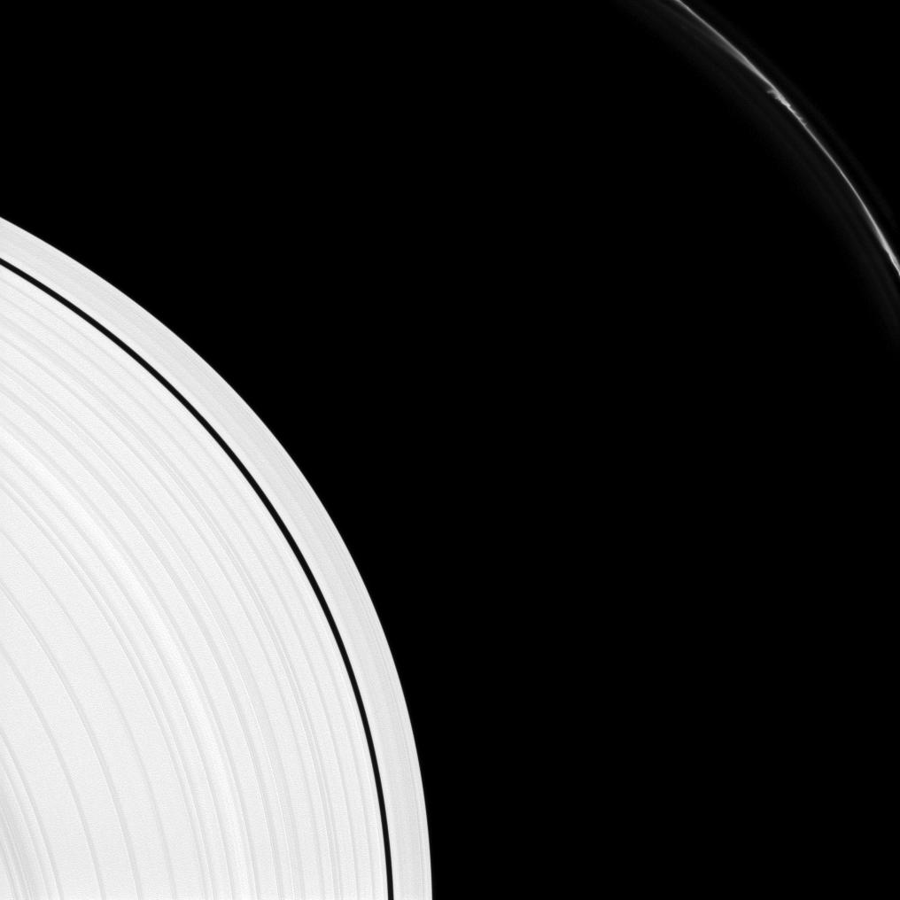 Saturn's F ring shows several 'mini-jets' near the upper-right of this image captured by the Cassini spacecraft.
