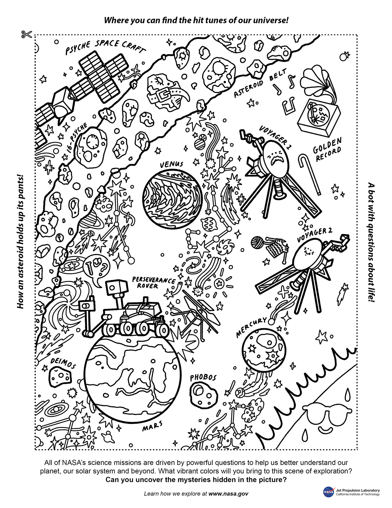 coloring page featuring Mercury, Venus, Mars, the Perseverance Rover, the Voyager missions, and the asteroid belt