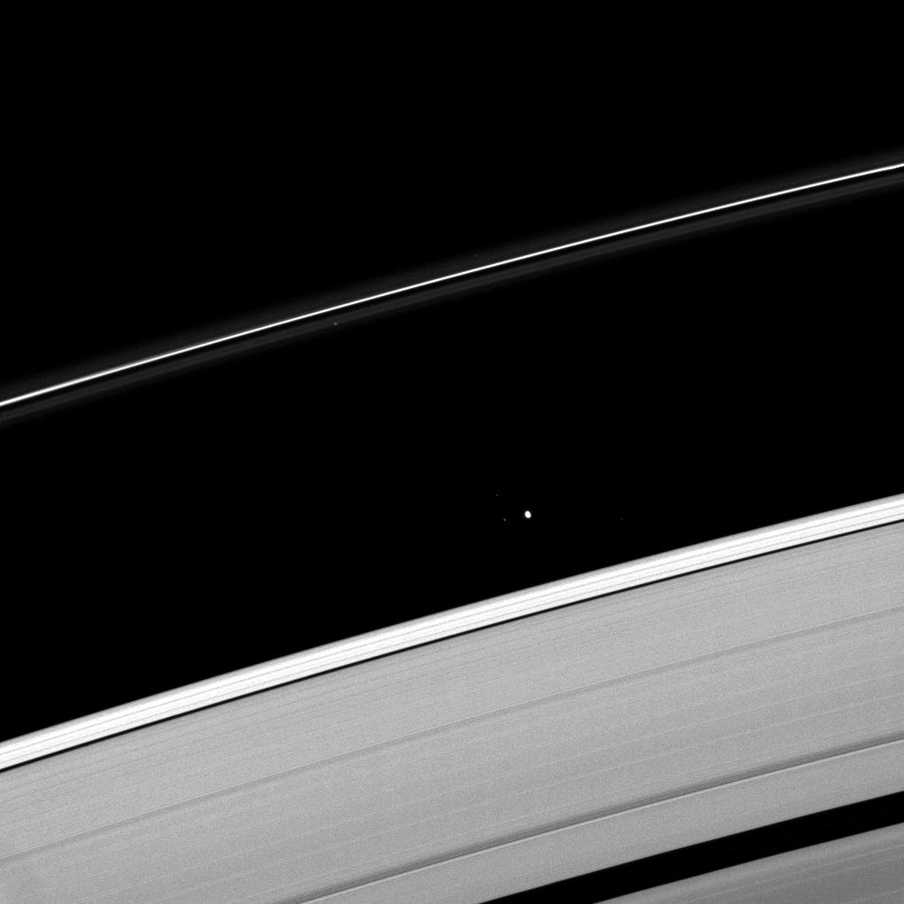 Saturn's moon Atlas plies the Roche Division between the A ring and the thin F ring.