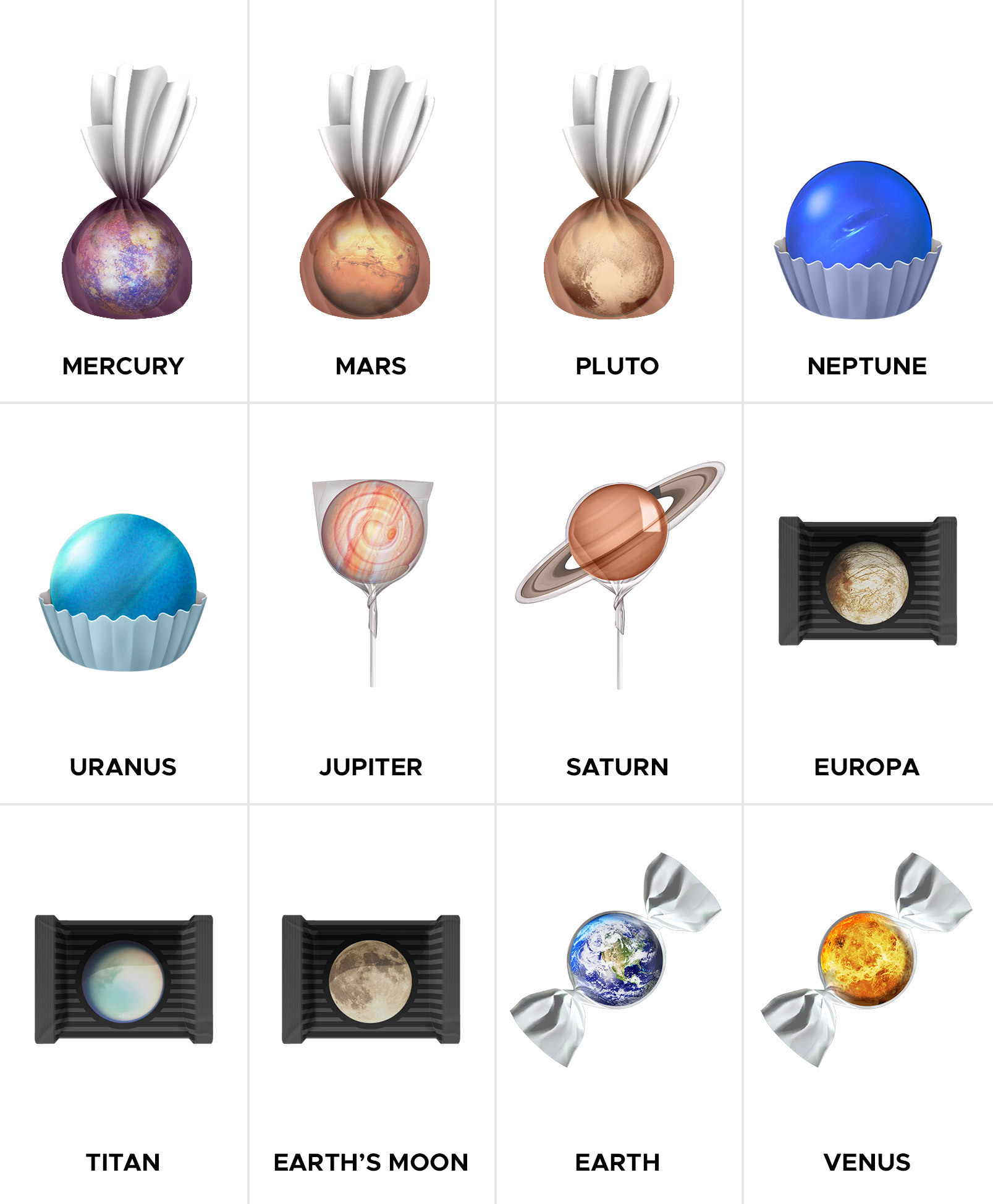 graphics that illustrate planets as if they were candy