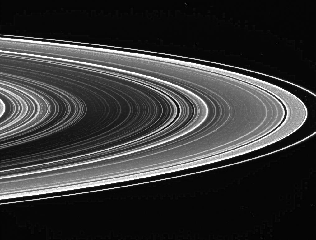 An extreme contrast view of the unlit side of Saturn's rings.