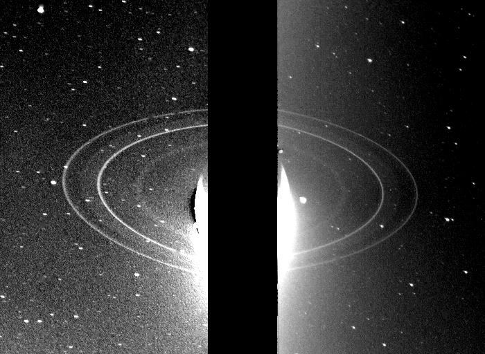 These two 591-second exposures of the rings of Neptune were taken with the clear filter by the Voyager 2 wide-angle camera on Aug. 26, 1989 from a distance of 280,000 kilometers (175,000 miles).