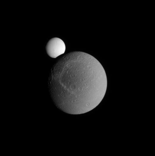 Dione in front of Enceladus