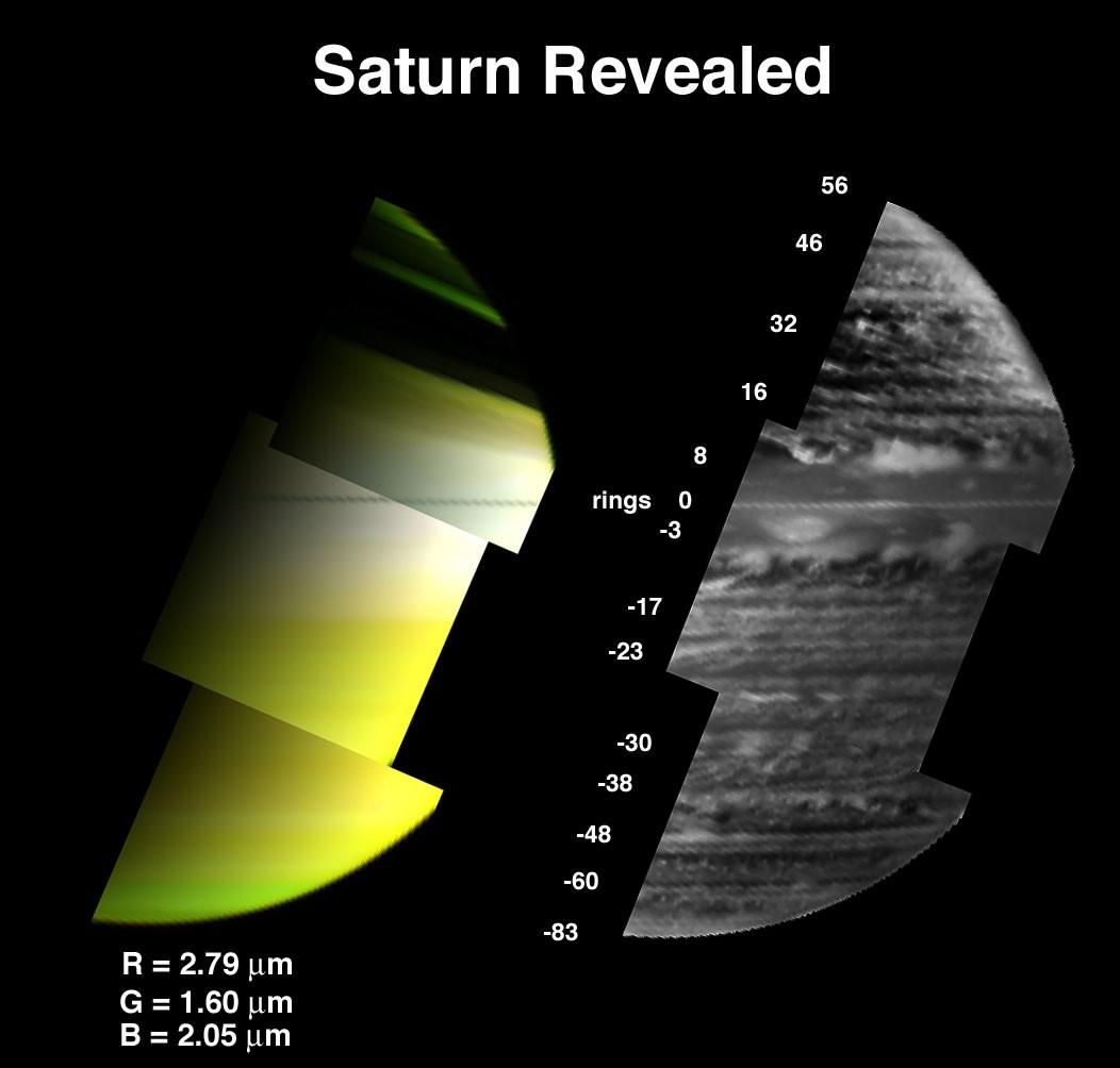 These two images provided by the visual infrared mapping spectrometer on the Cassini spacecraft reveal a diverse array of clouds in the depths of Saturn. 