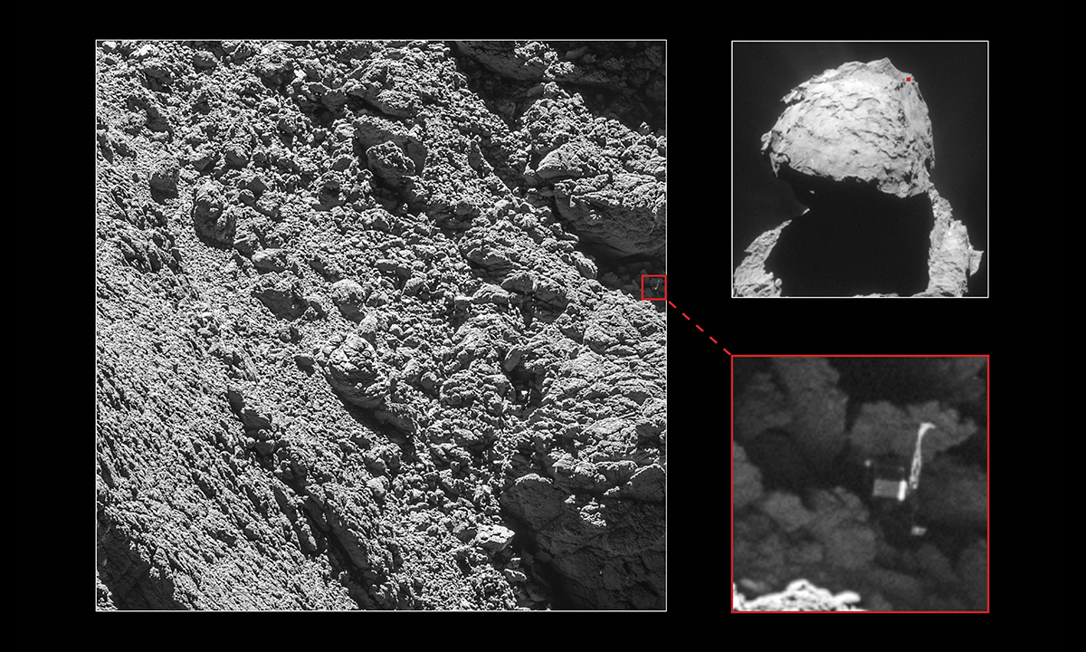 Less than a month before the end of the mission, Rosetta's high-resolution camera has revealed the Philae lander wedged into a dark crack on Comet 67P/Churyumov-Gerasimenko.