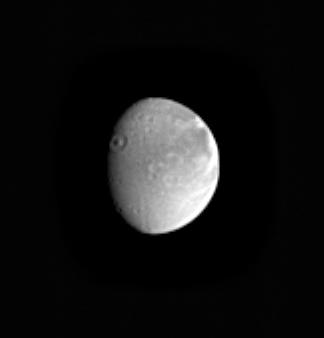 Full-disk black and white image of Dione