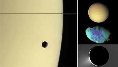 A montage of Cassini images: left, Saturn and its moon Tethys; right: top, Titan, middle, Telesto, and Enceladus at the bottom.