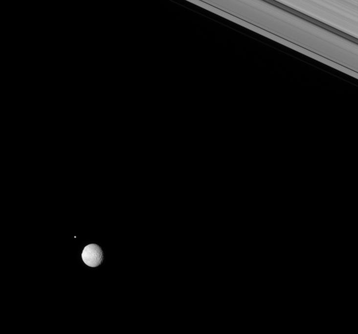 Mimas and Helene and Saturn's rings