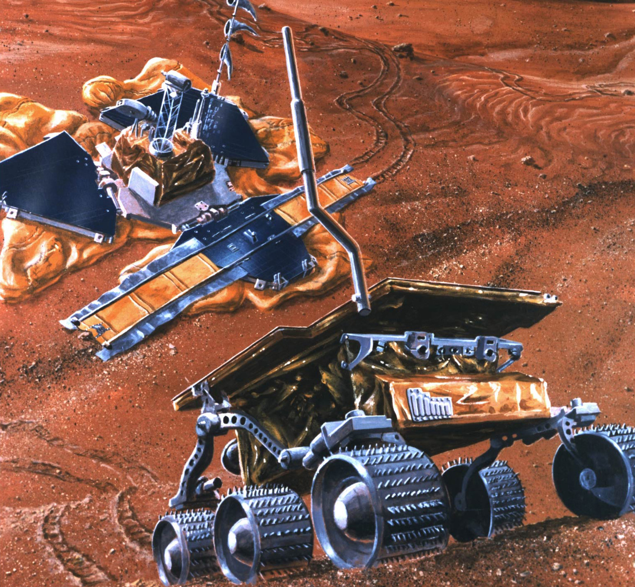 Rover climbing hill on Mars with science station behind it.