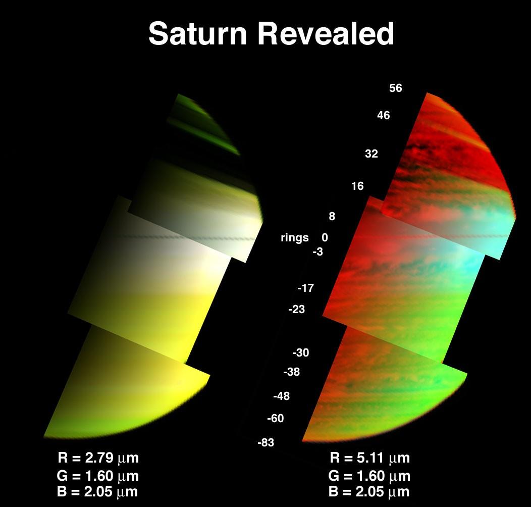 Saturn's clouds and hazes at three different levels in the atmosphere are depicted in the image on the right. The image on the left shows only the upperatmosphere above the 1-bar level.
