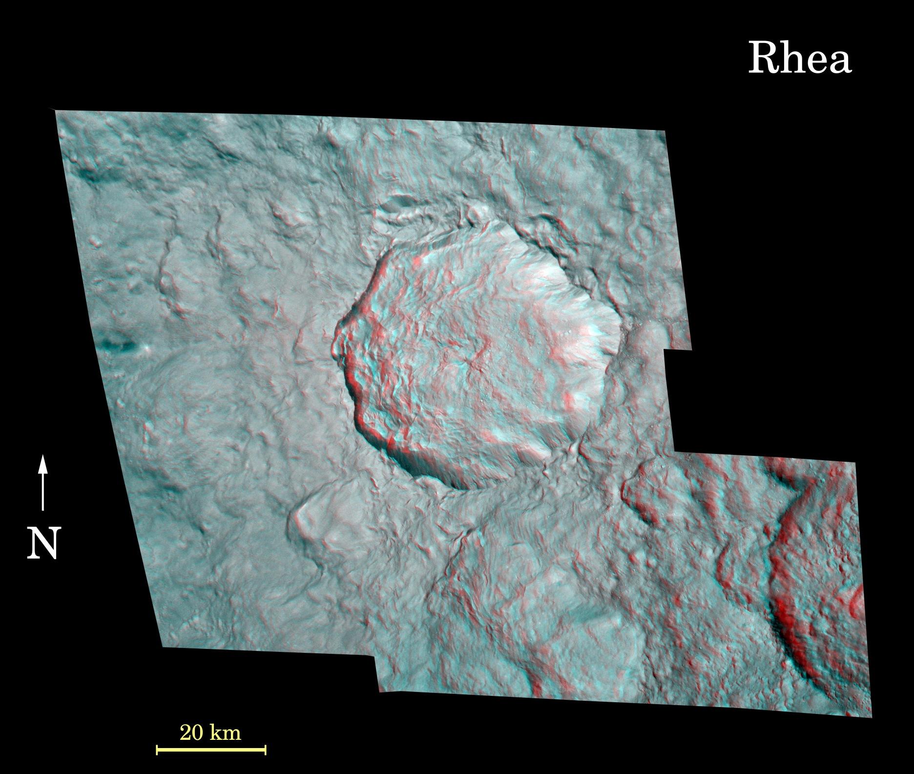 Rhea's surface in a stereo image