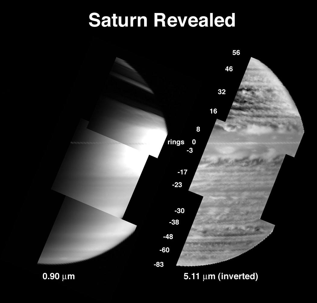 These two images provided by the visual infrared mapping spectrometer on the Cassini spacecraft reveal a diverse array of clouds in the depths of Saturn. 