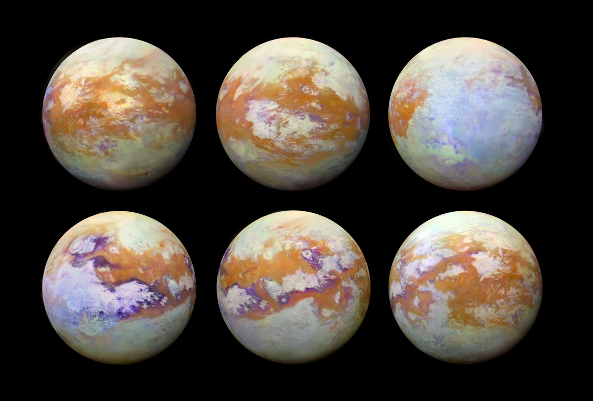 Six infrared images of Saturn's moon Titan 