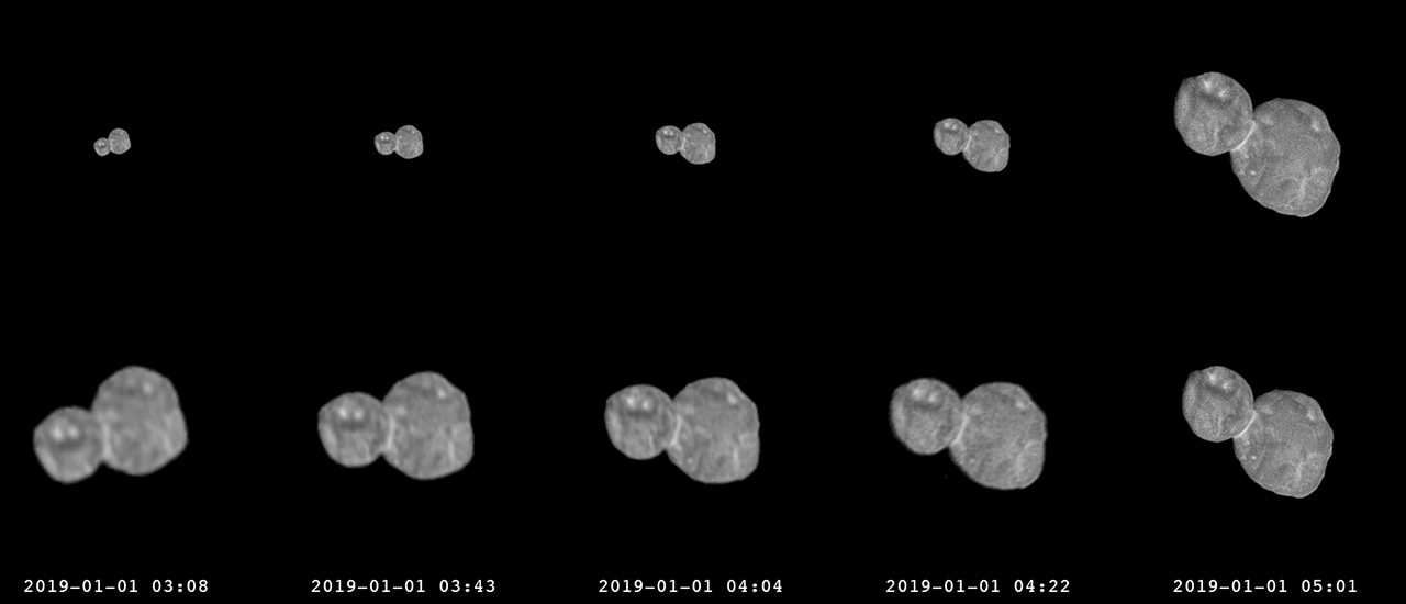 Animated GIF of approach to peanut-shaped space rock.