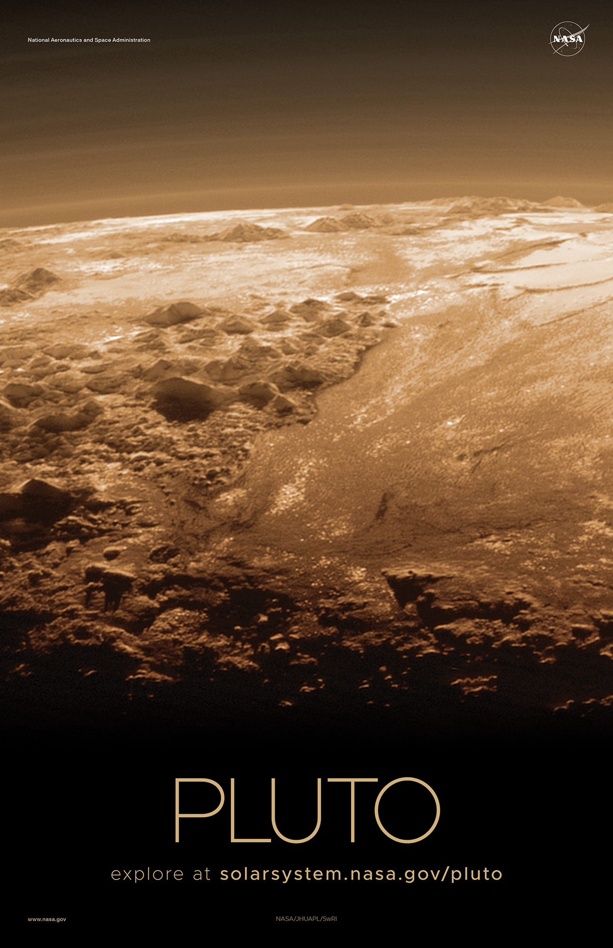 Close view of mountains and plains on Pluto.