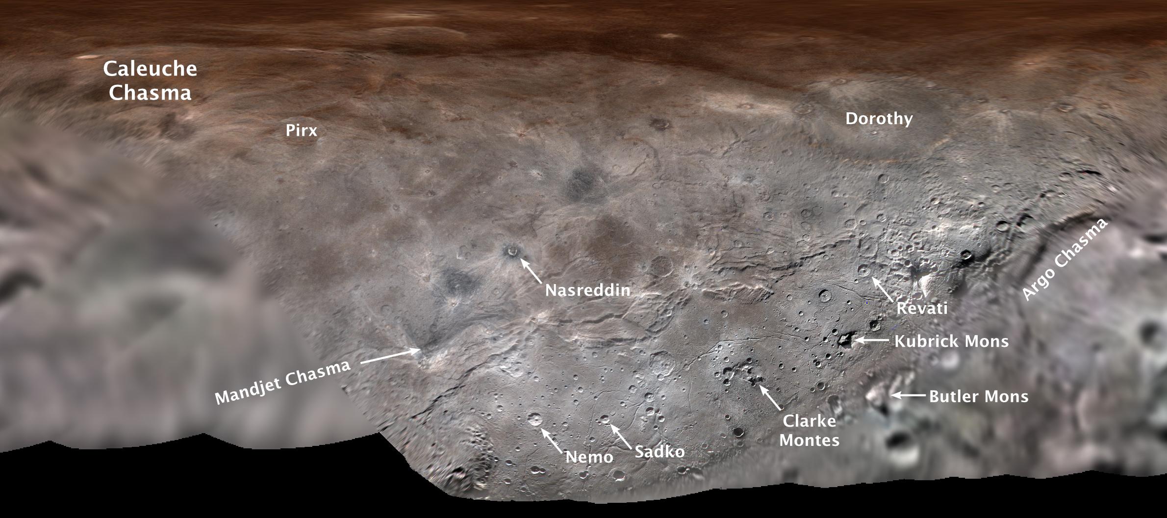 Flat map of Charon with feature names.