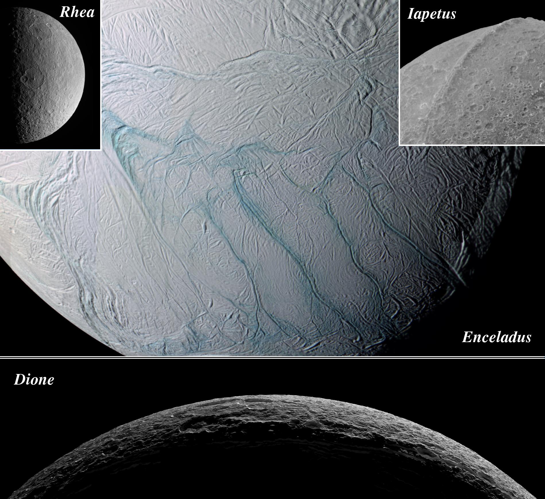 Montage showing different views of Saturn's moons Dione, Enceladus, Iapetus and Rhea