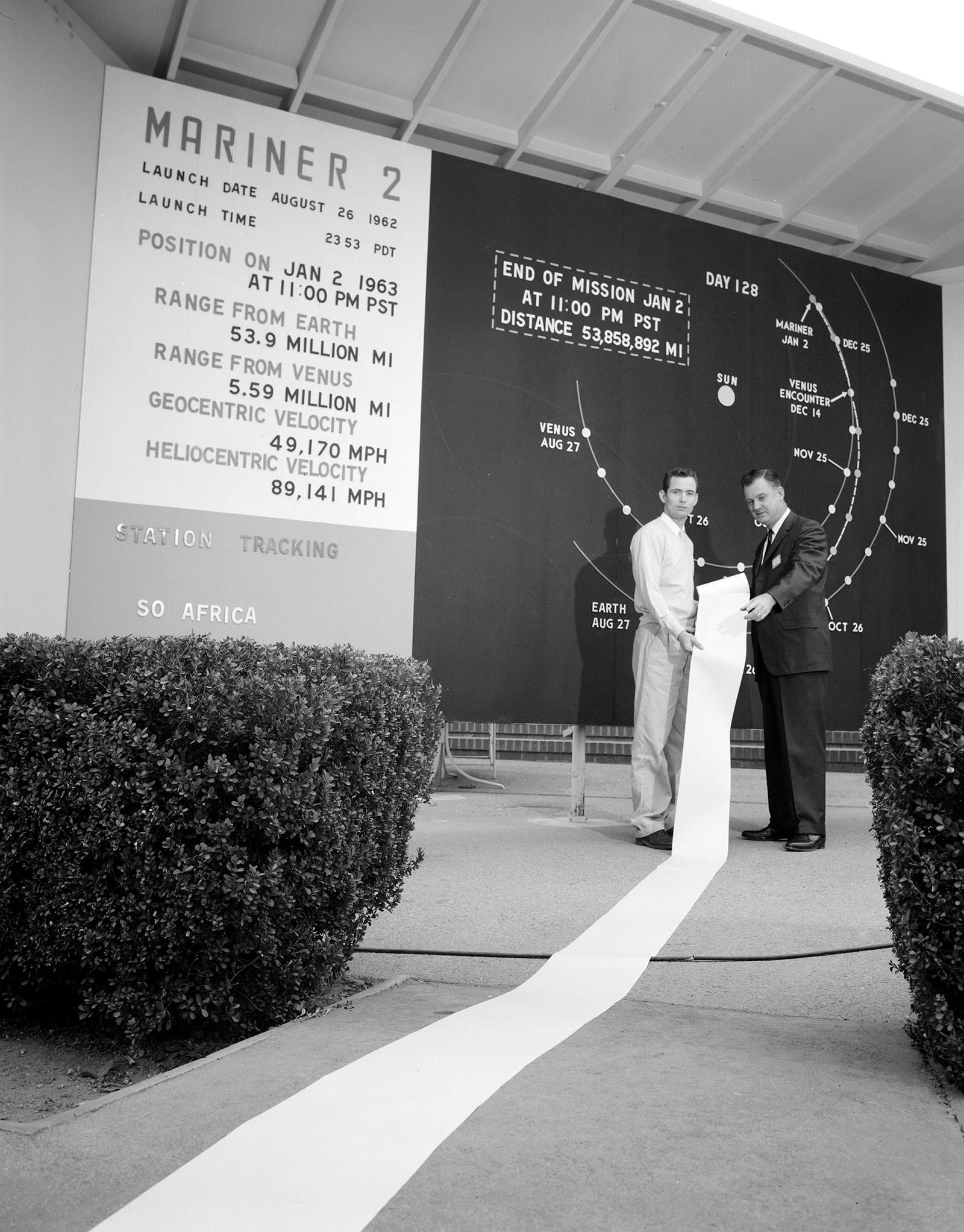 Two men holding a printout of paper that extends for more than 20 feet.