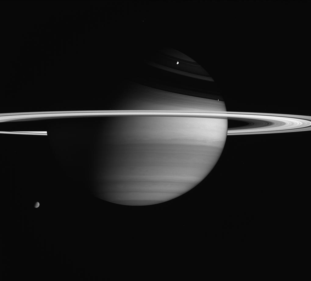 Saturn, the rings, and two moons