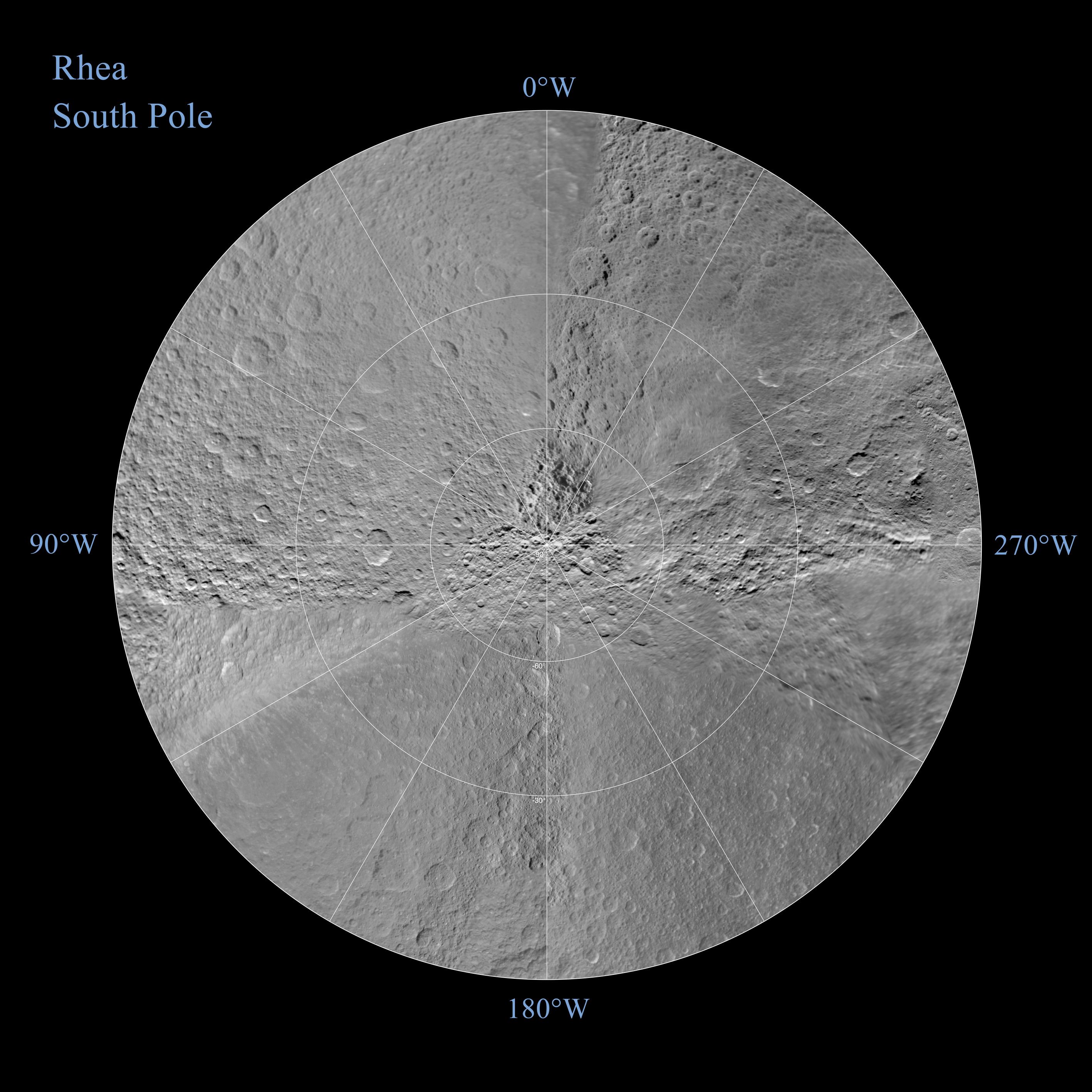 A polar stereographic map of Rhea