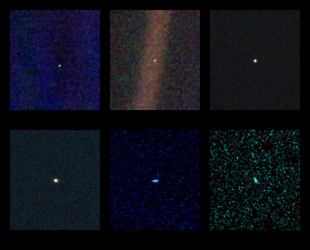 These six narrow-angle color images were made from the first ever 'portrait' of the solar system taken by Voyager 1, which was more than 4 billion miles from Earth and about 32 degrees above the ecliptic.