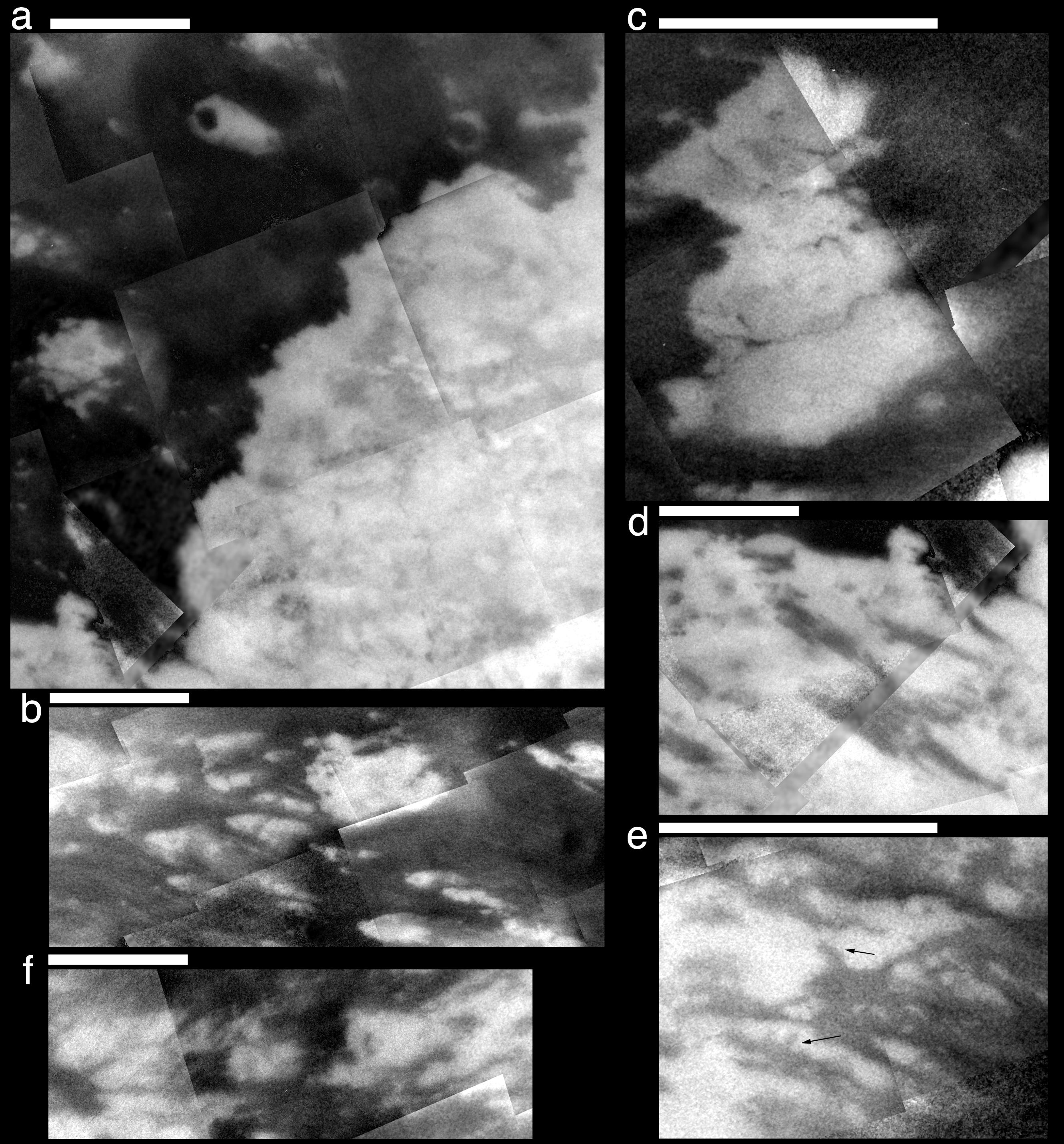 Six close-up views of Titan's surface