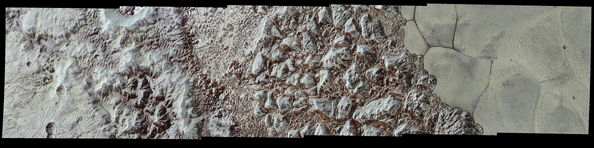 This enhanced color mosaic combines some of the sharpest views of Pluto that NASA's New Horizons spacecraft obtained during its July 14 flyby.