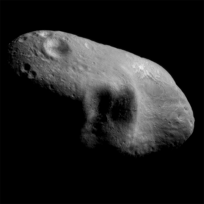 Black and white picture of shadowed feature on asteroid Eros