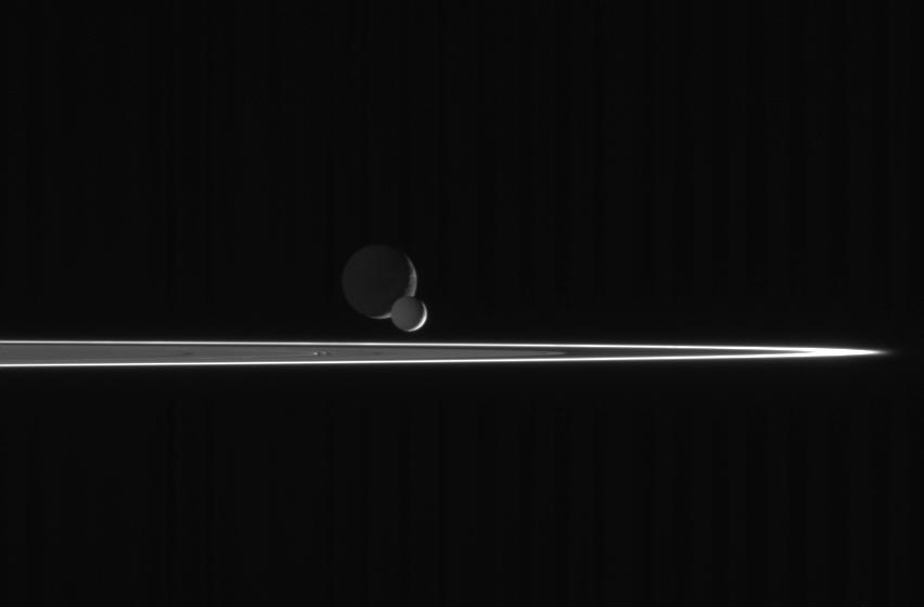 Pairing of two moons (Enceladus and Dione) beyond the rings