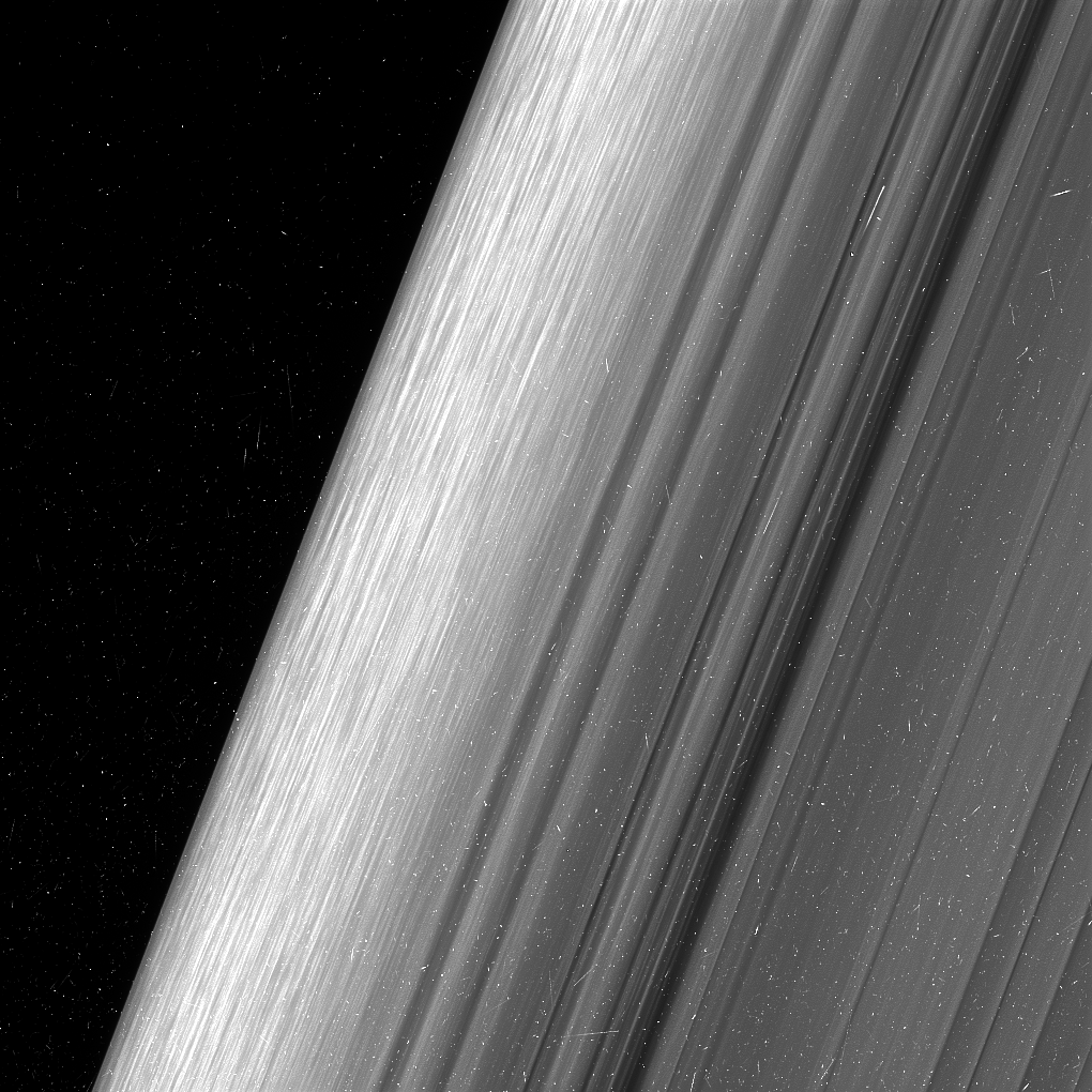 Black and white close up image of Saturn's B ring.