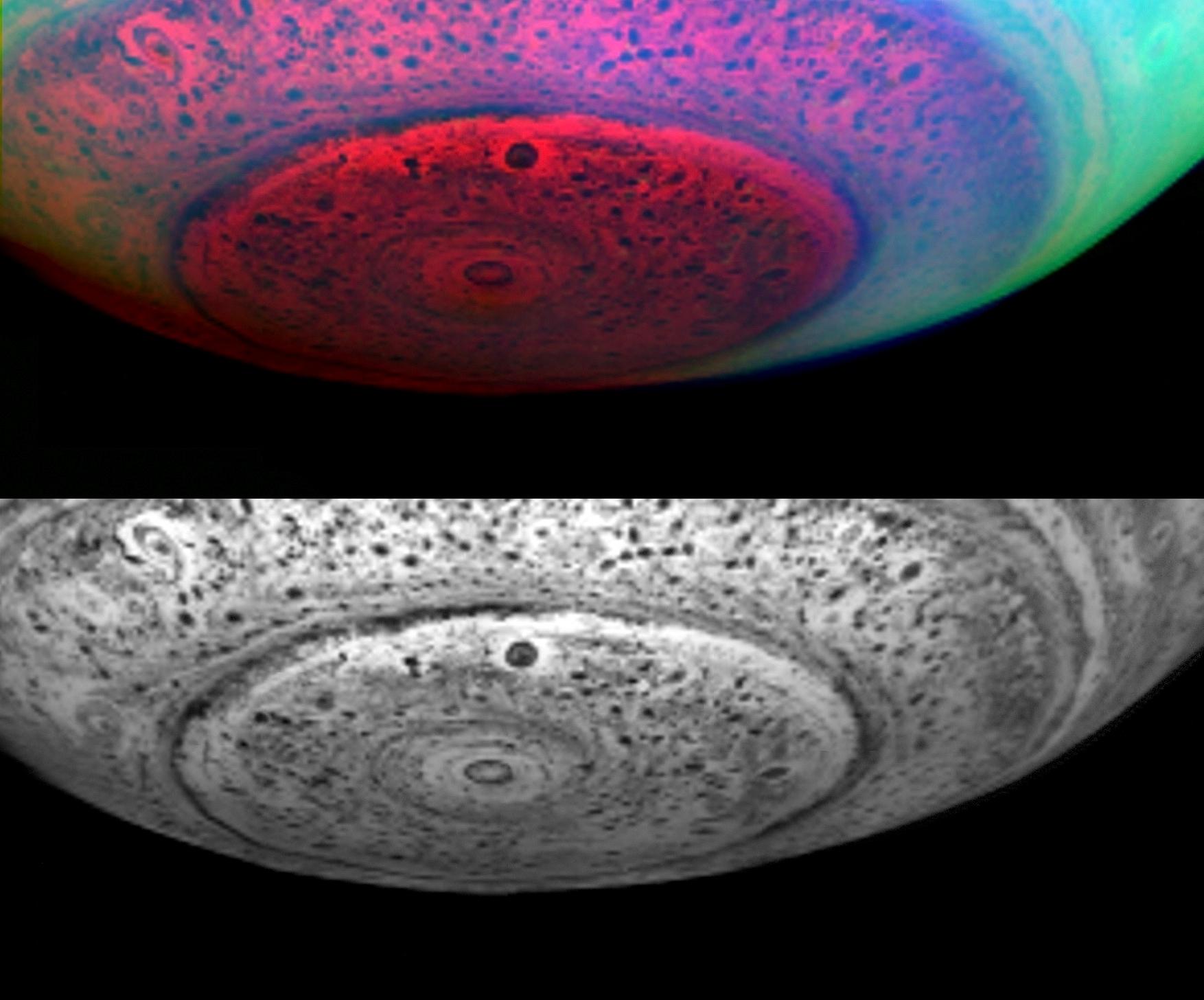 These two images of Saturn show the entire south polar region, not just the little area around the core of the hurricane-like vortex.