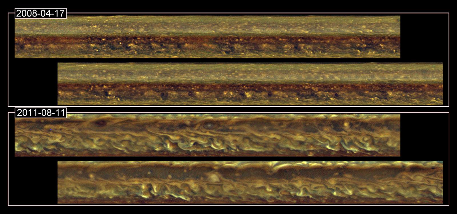 Cloud patterns in a band around Saturn