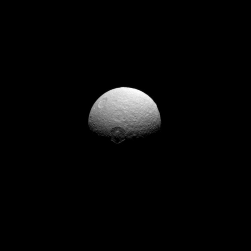 Here, we see the craters on Tethys named Melanthius (near the center, at the day/night terminator), Dolius (above Melanthius), and Penelope (upper left almost over the limb).  