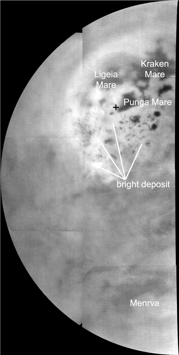 This mosaic, made from near-infrared images of Titan obtained by Cassini's imaging science subsystem, shows a view from the north pole (upper middle of mosaic) down to near the equator at the bottom.